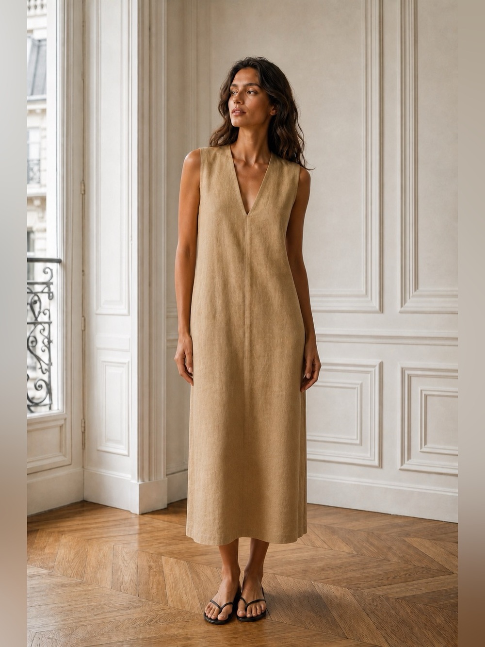 COS Sleeveless Tan Linen blend Maxi Dress with V-Neck size 4